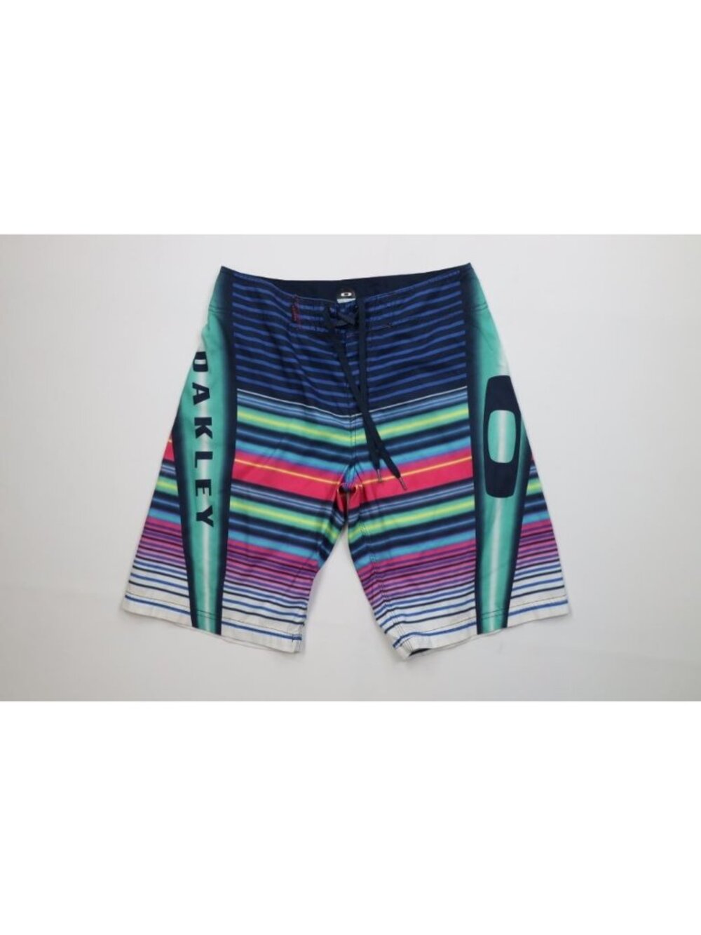 Vintage Y2K Oakley Mens 31 Spell Out Rainbow Striped Board Shorts Swim Trunks